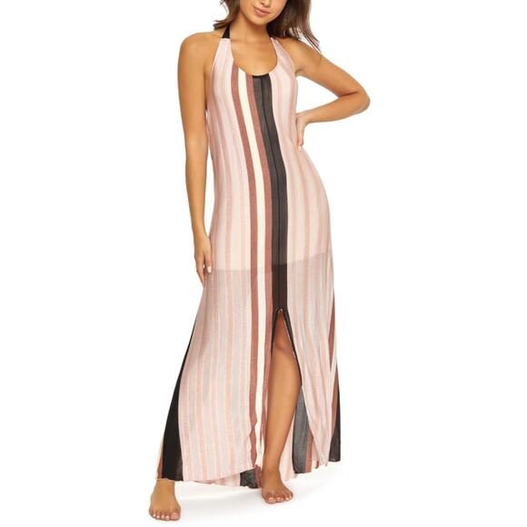 PilyQ Pink Black Striped Glitter Maxi Halter Dress MEDIUM /LARGE Beach Faith NEW - Picture 2 of 11